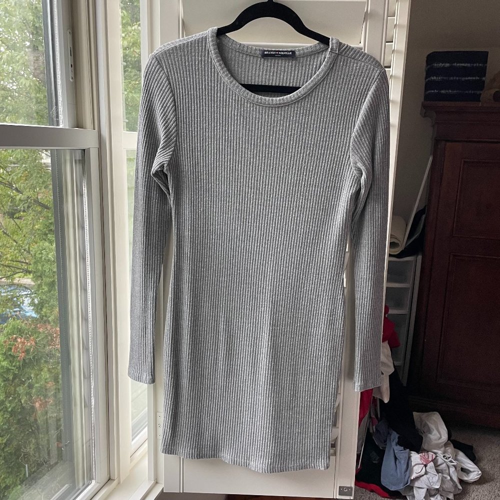 Brandy Mellville Gray Ribbed Long Sleeve Mini Dress